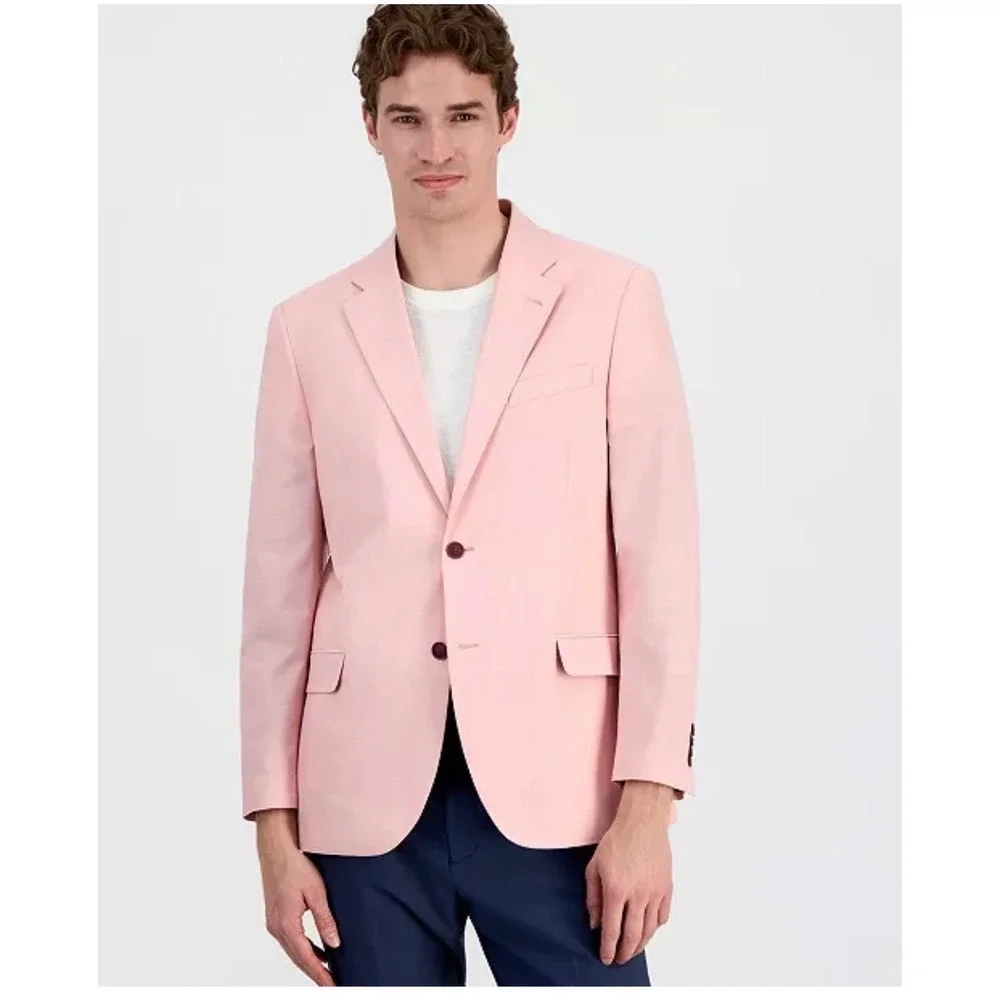 Nautica Linen Blend Blazer Sport Coat Men 44R Pink‎ Map Print Lining Hamptons